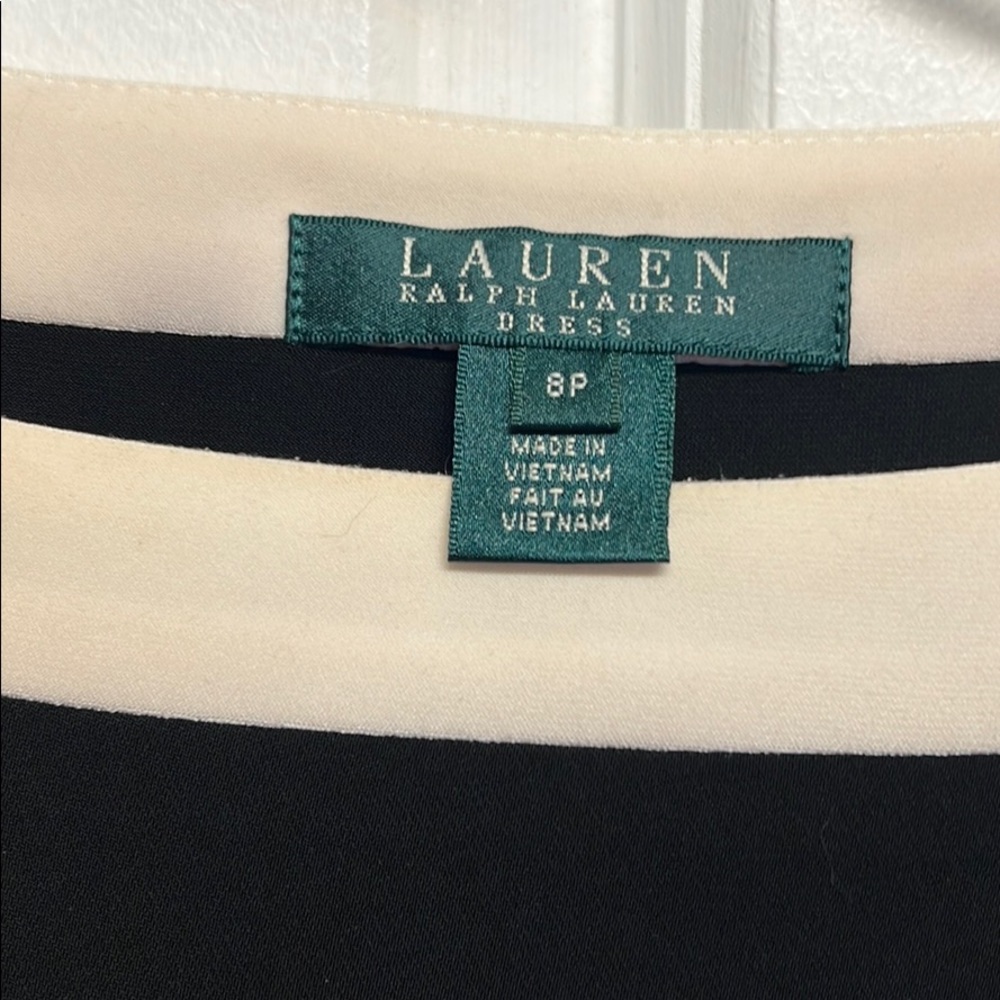 Ralph Lauren Black Cream Sides Strip Mid Sleeve Stretch Body Dress Size 8P - Picture 4 of 6